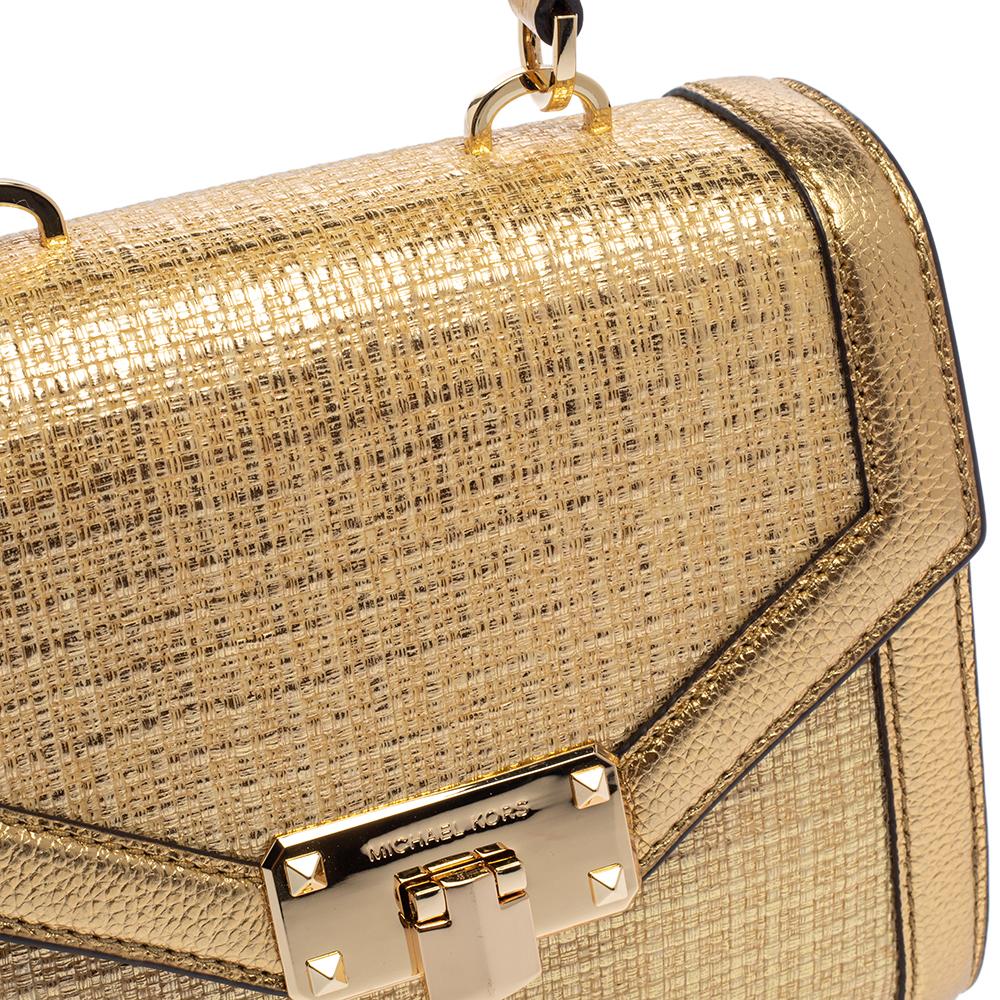 Michael Kors Gold Woven Straw and Leather XS Kinsley Top Handle Bag 6