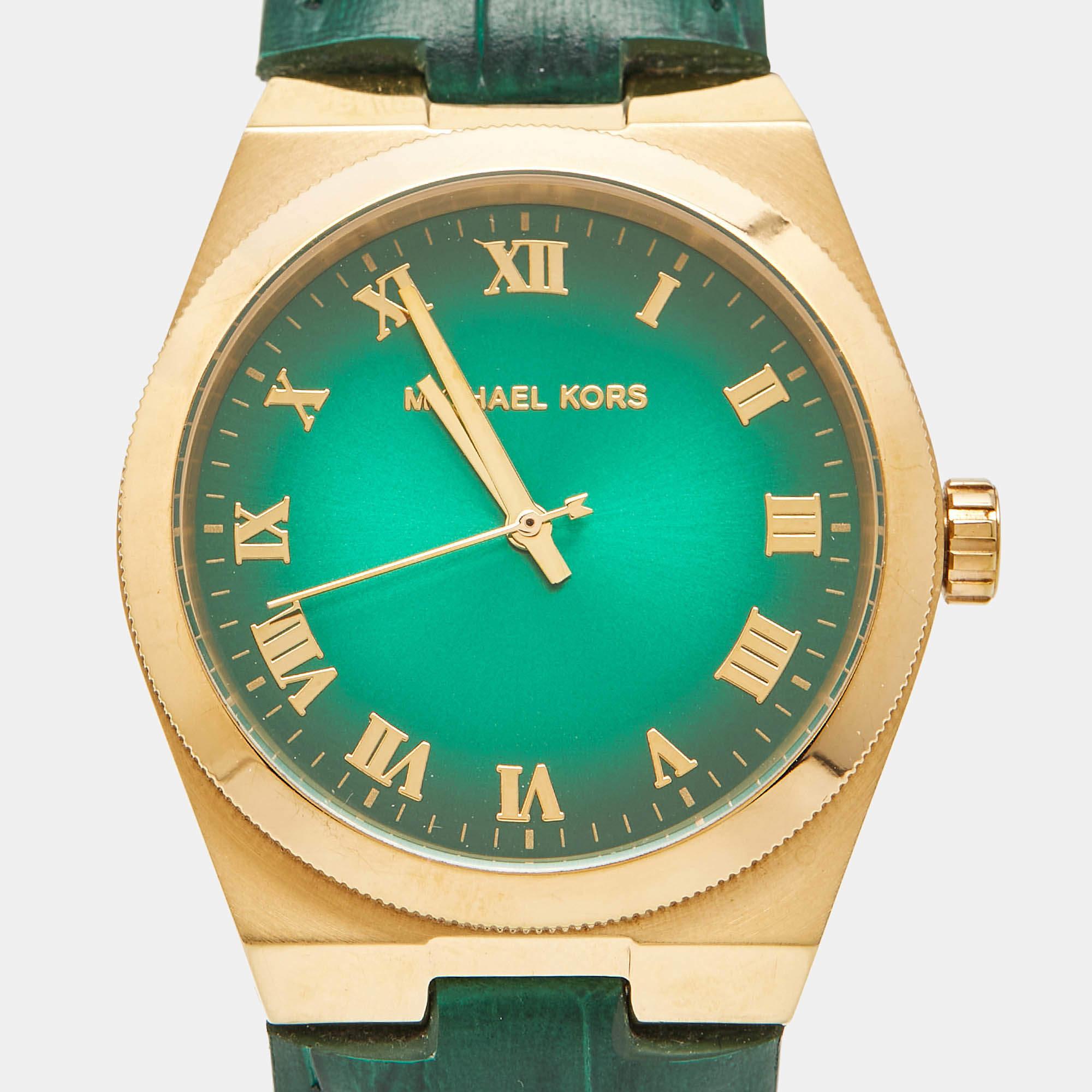 Michael Kors Green Stainless Steel Leather MK2356 Unisex Wristwatch 38 mm In Good Condition In Dubai, Al Qouz 2