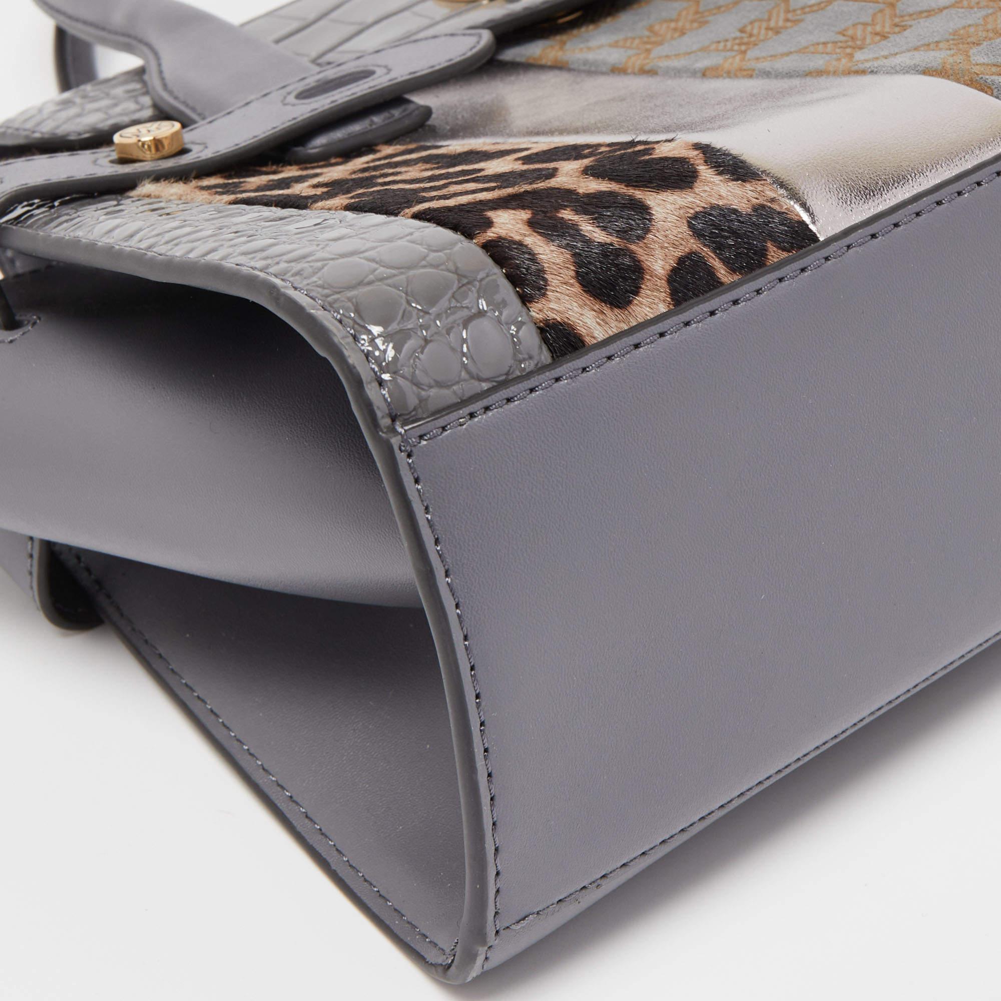 Michael Kors Grey/Multicolor Exotic Embossed Patent Leather Medium Carmen Flap S For Sale 5