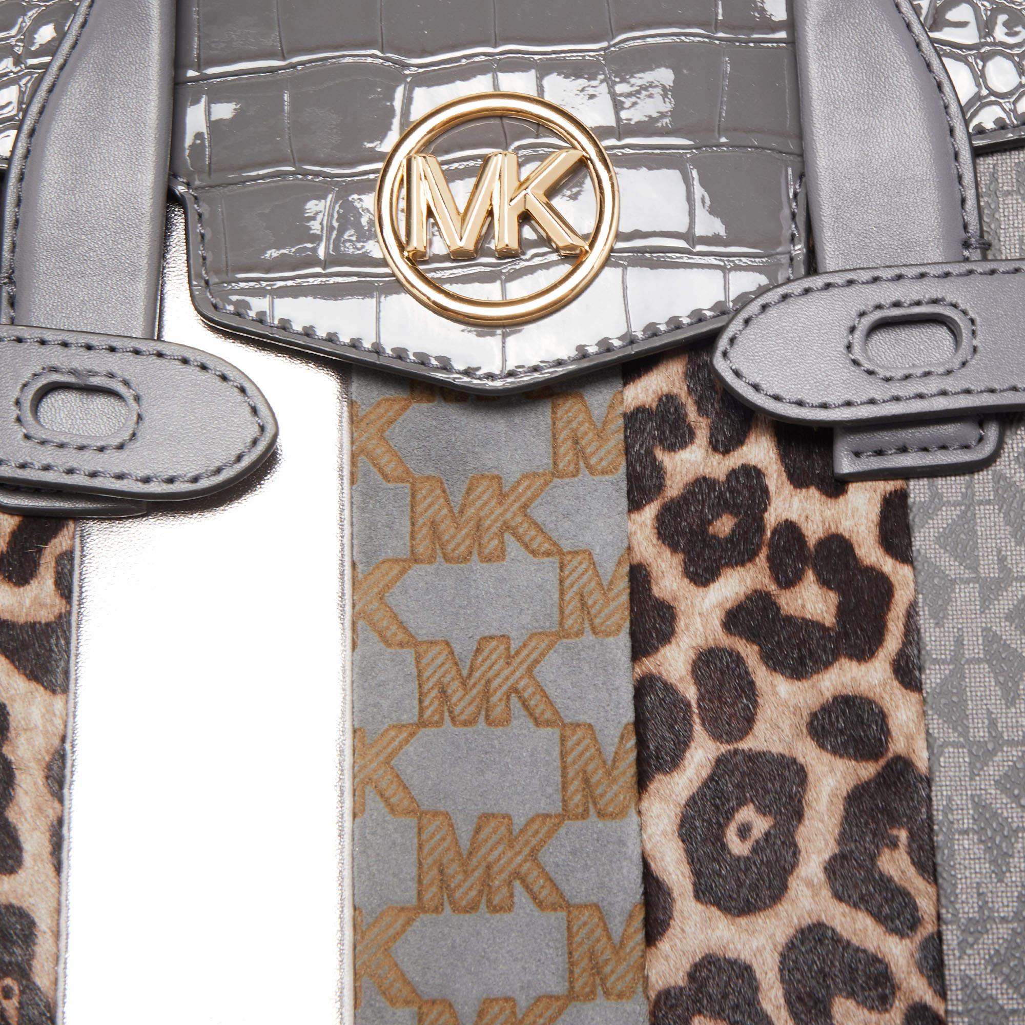 Michael Kors Grey/Multicolor Exotic Embossed Patent Leather Medium Carmen Flap S For Sale 3