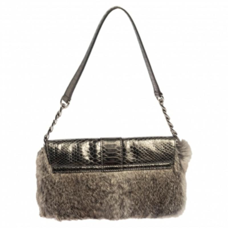 Gray Michael Kors Grey Python Embossed Leather and Rabbit Fur Fulton Baguette For Sale