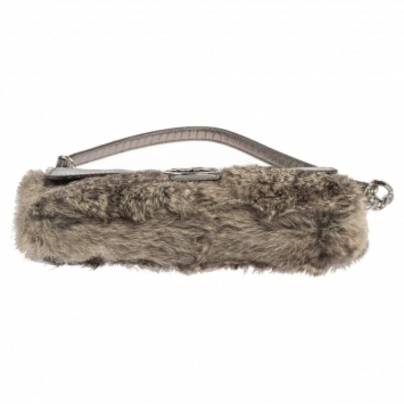 Women's Michael Kors Grey Python Embossed Leather and Rabbit Fur Fulton Baguette For Sale