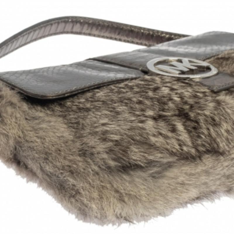 Michael Kors Grey Python Embossed Leather and Rabbit Fur Fulton Baguette For Sale 1