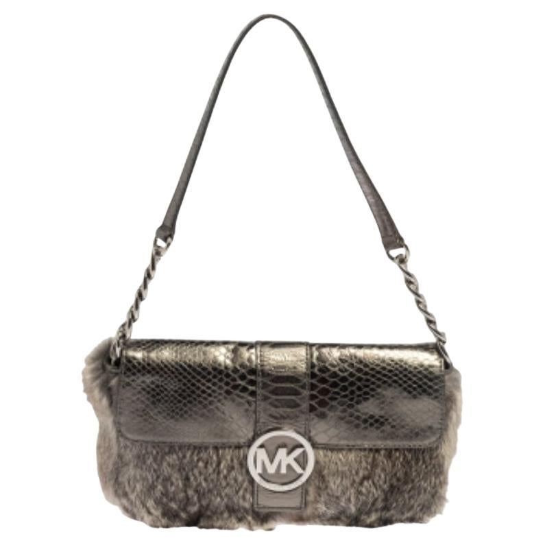 Michael Kors Grey Python Embossed Leather and Rabbit Fur Fulton Baguette For Sale