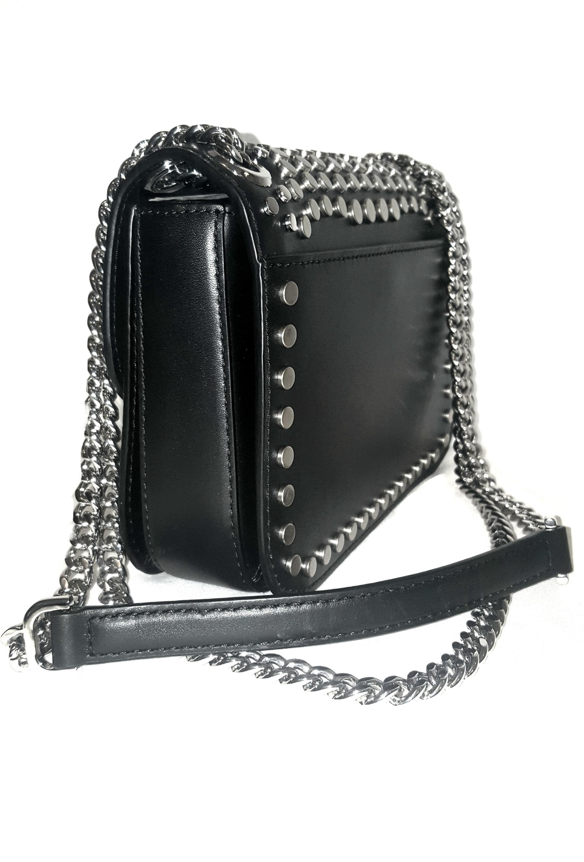 Michael Kors Jenkins black leather bag with silver tone studs includes a single shoulder silver tone chain link strap.   The strap can be used as a single for the shoulder or crossbody or doubled as a handbag.   This flap bag contains a cinched