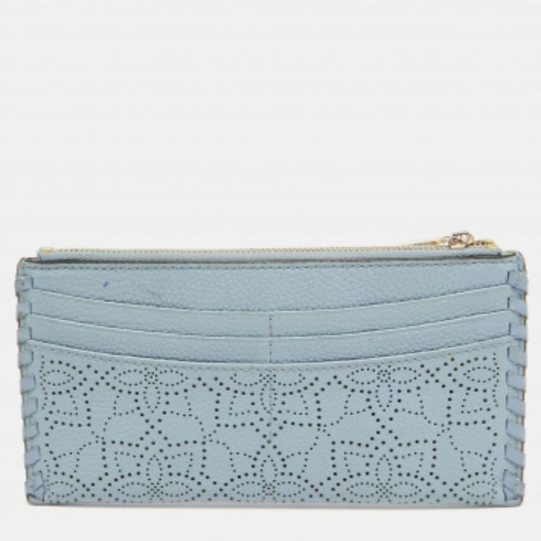 Michael Kors Karson Slim Card Case en cuir bleu clair découpé au laser en vente 5