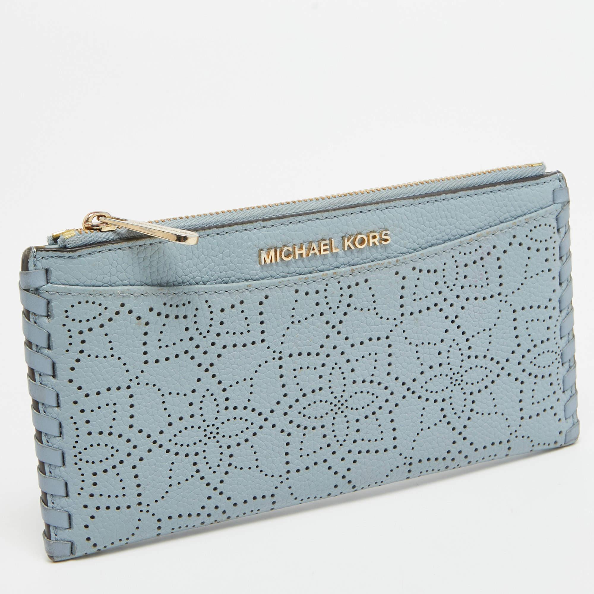 Gray Michael Kors Light Blue Leather Lasercut Karson Slim Card Case