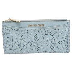 Michael Kors Light Blue Leather Lasercut Karson Slim Card Case