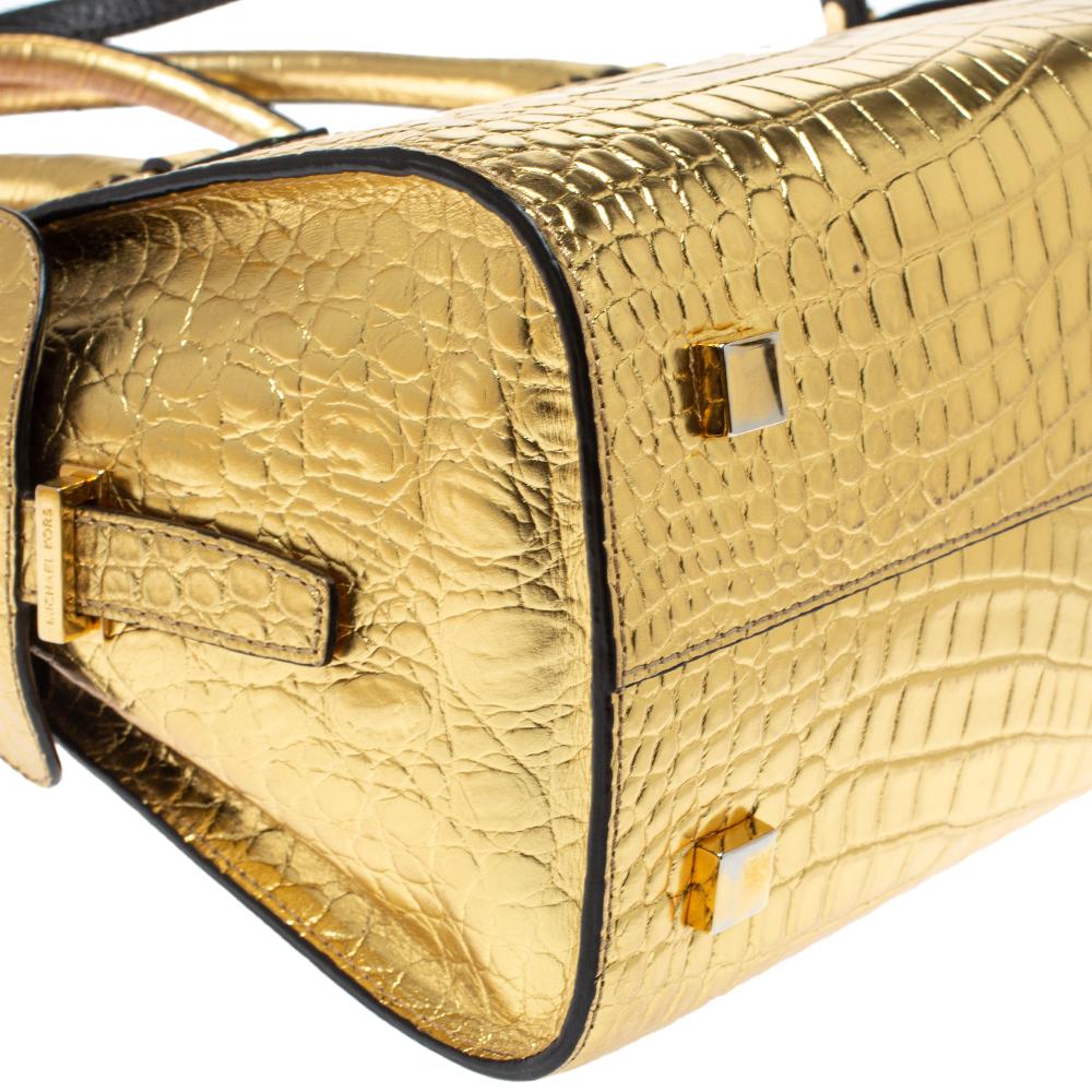 Michael Kors Metallic Gold Croc Embossed Leather Gia Satchel In Good Condition In Dubai, Al Qouz 2
