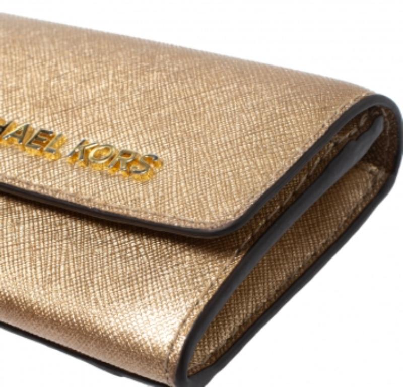 Brown Michael Kors Metallic Gold Leather Flap Card Holder For Sale