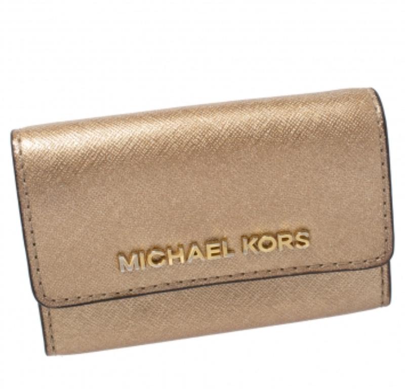 Michael Kors Metallic Gold Leather Flap Card Holder For Sale 1