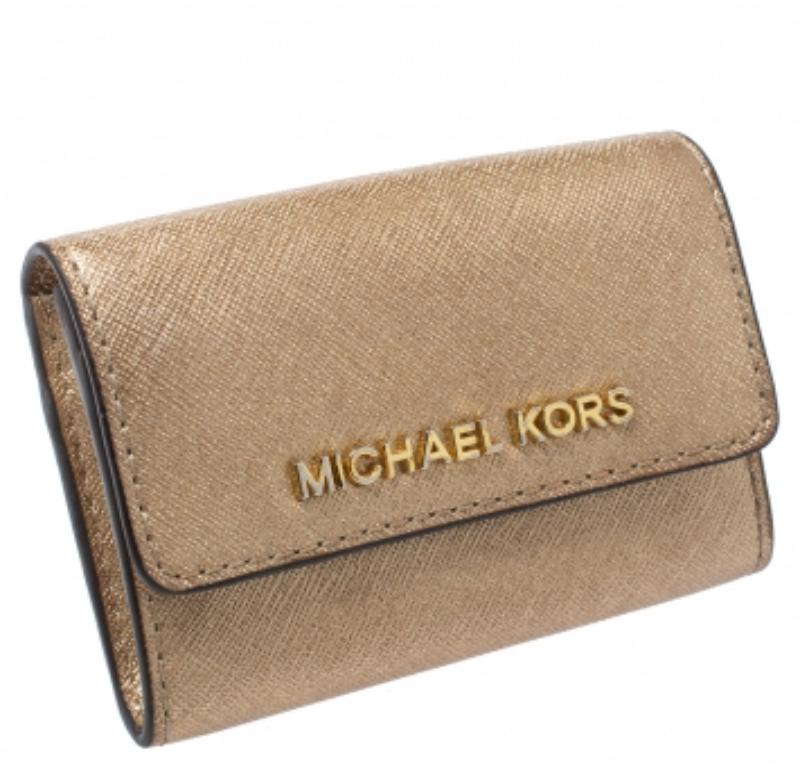 Michael Kors Metallic Gold Leather Flap Card Holder For Sale 2