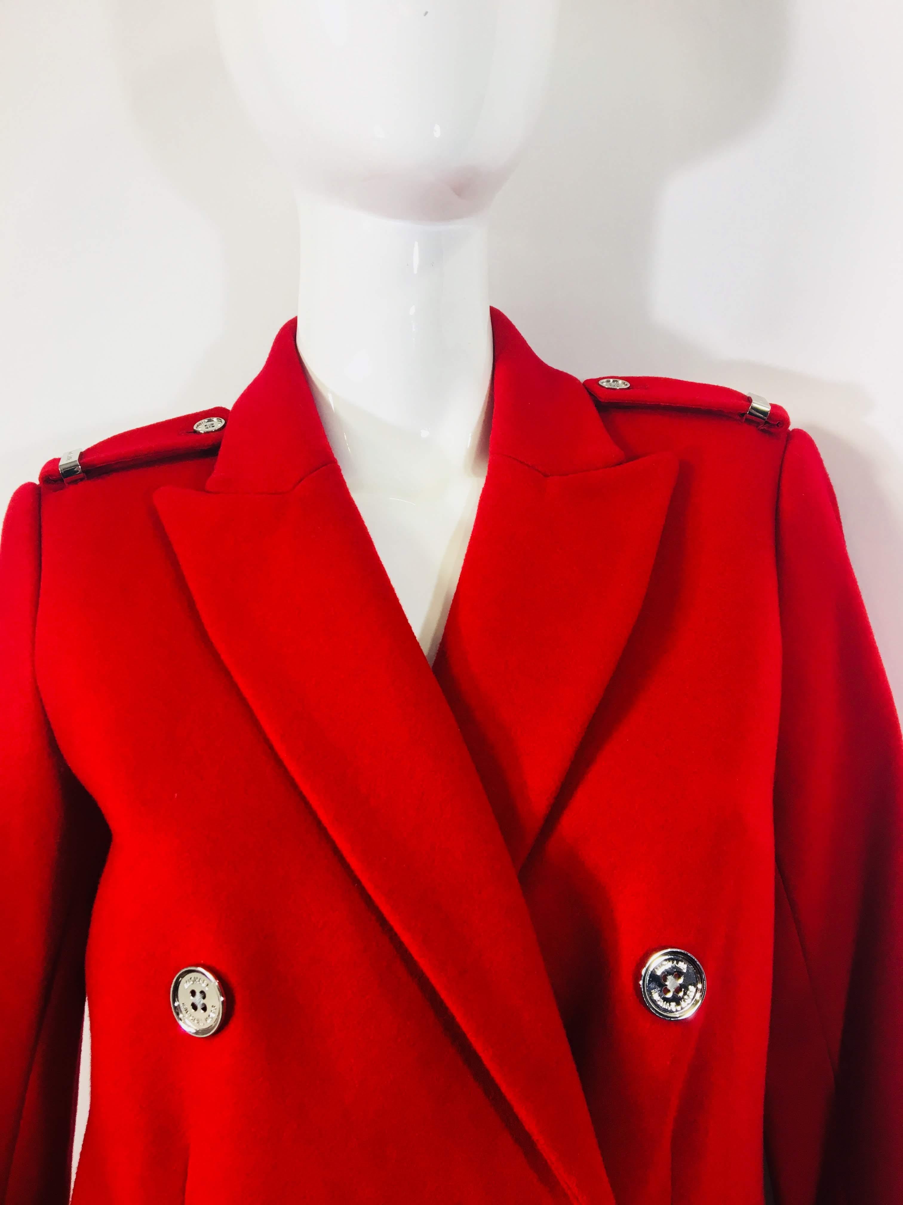 Michael Kors Size S Red Wool Double Breasted  Military Coat, With Two Zipped Pockets And Silver Hardware.