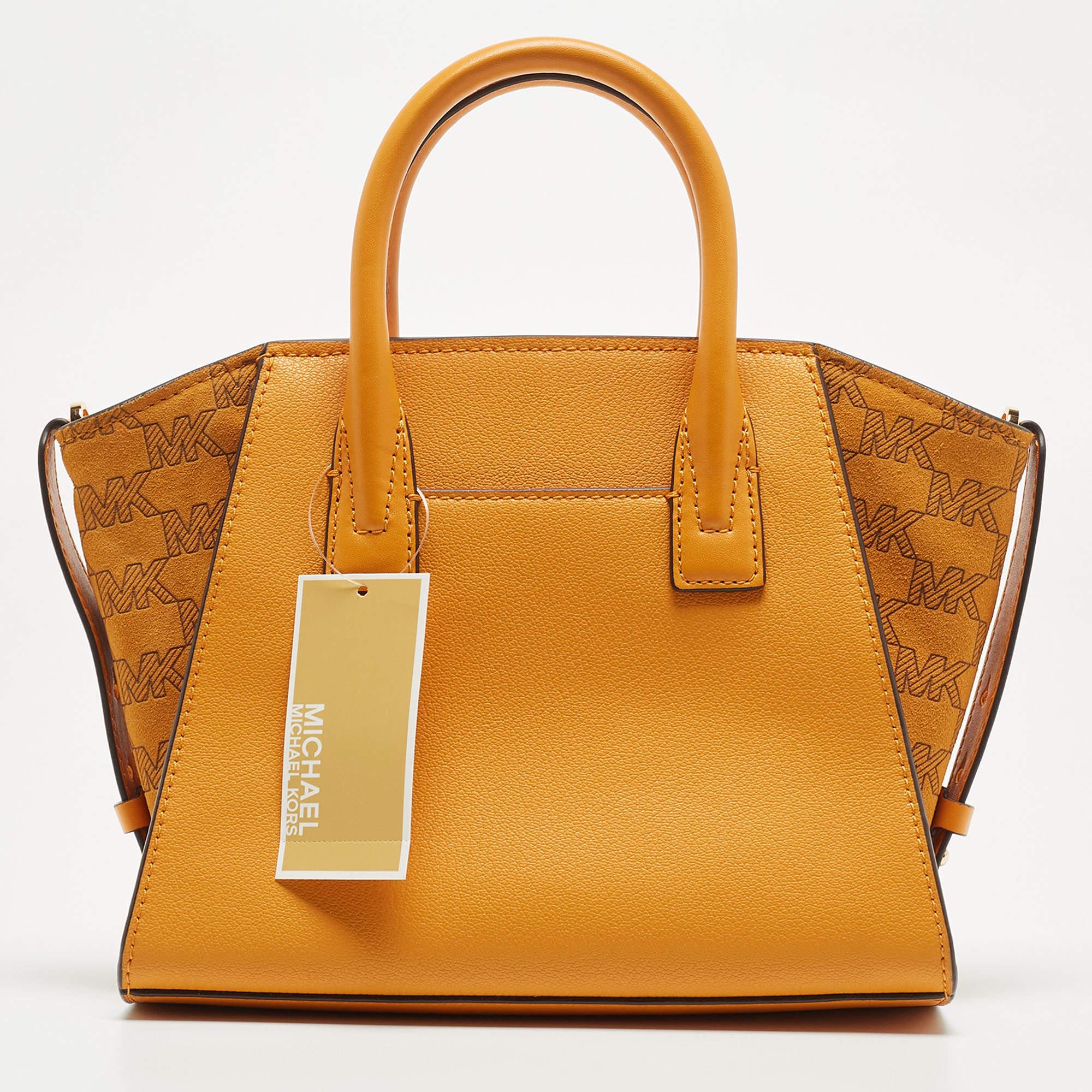 Michael Kors Mustard Signature Leather and Suede Small Avril Satchel 4