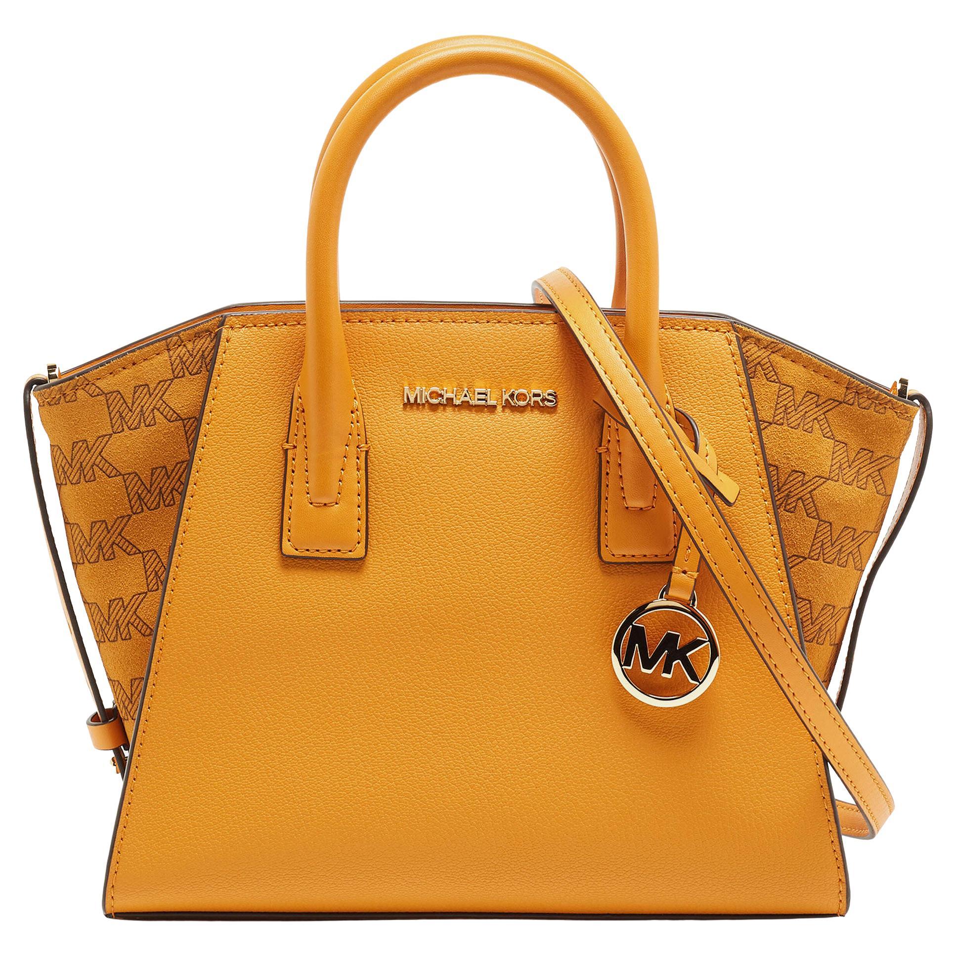 Michael Kors Mustard Signature Leather and Suede Small Avril Satchel For Sale