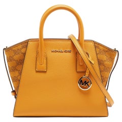 Used Michael Kors Mustard Signature Leather and Suede Small Avril Satchel