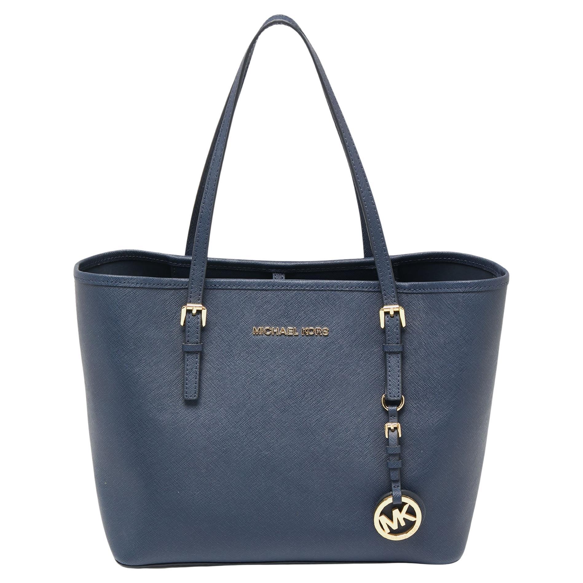 Michael Kors Navy Blue Leather Small Jet Set Travel Tote at