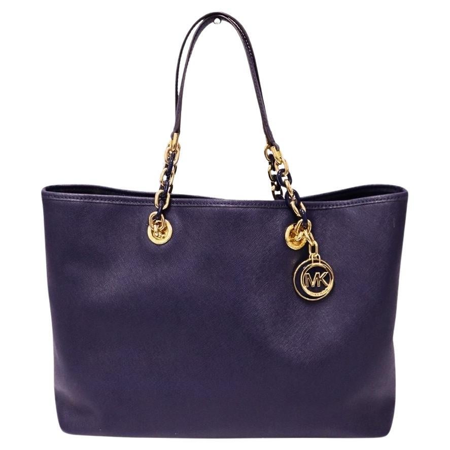 Michael Kors Navy Blue Saffiano Leather Tote Bag with Gold Chain Handles