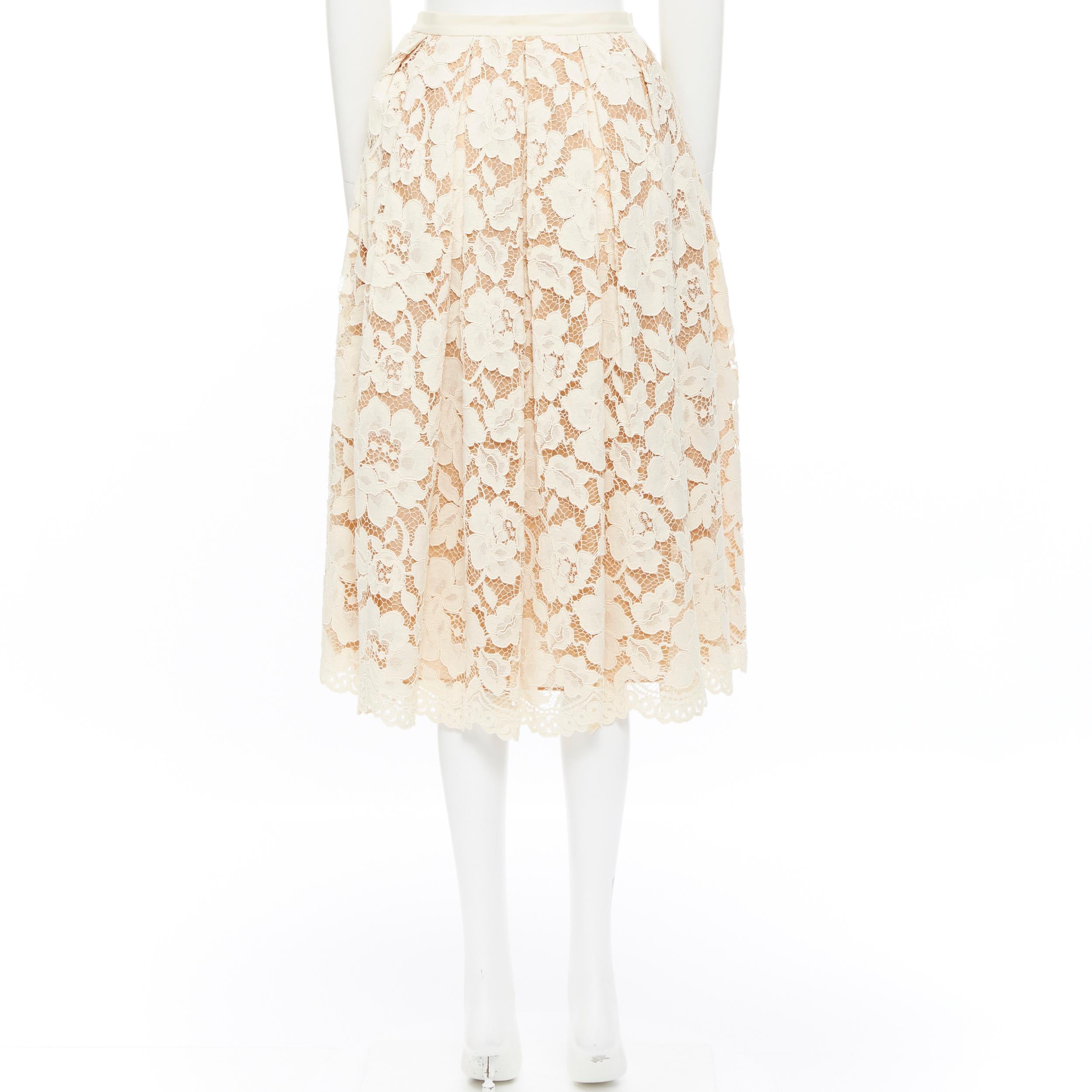 White MICHAEL KORS nude silk lined floral lace  pleated flared midi skirt US0 24