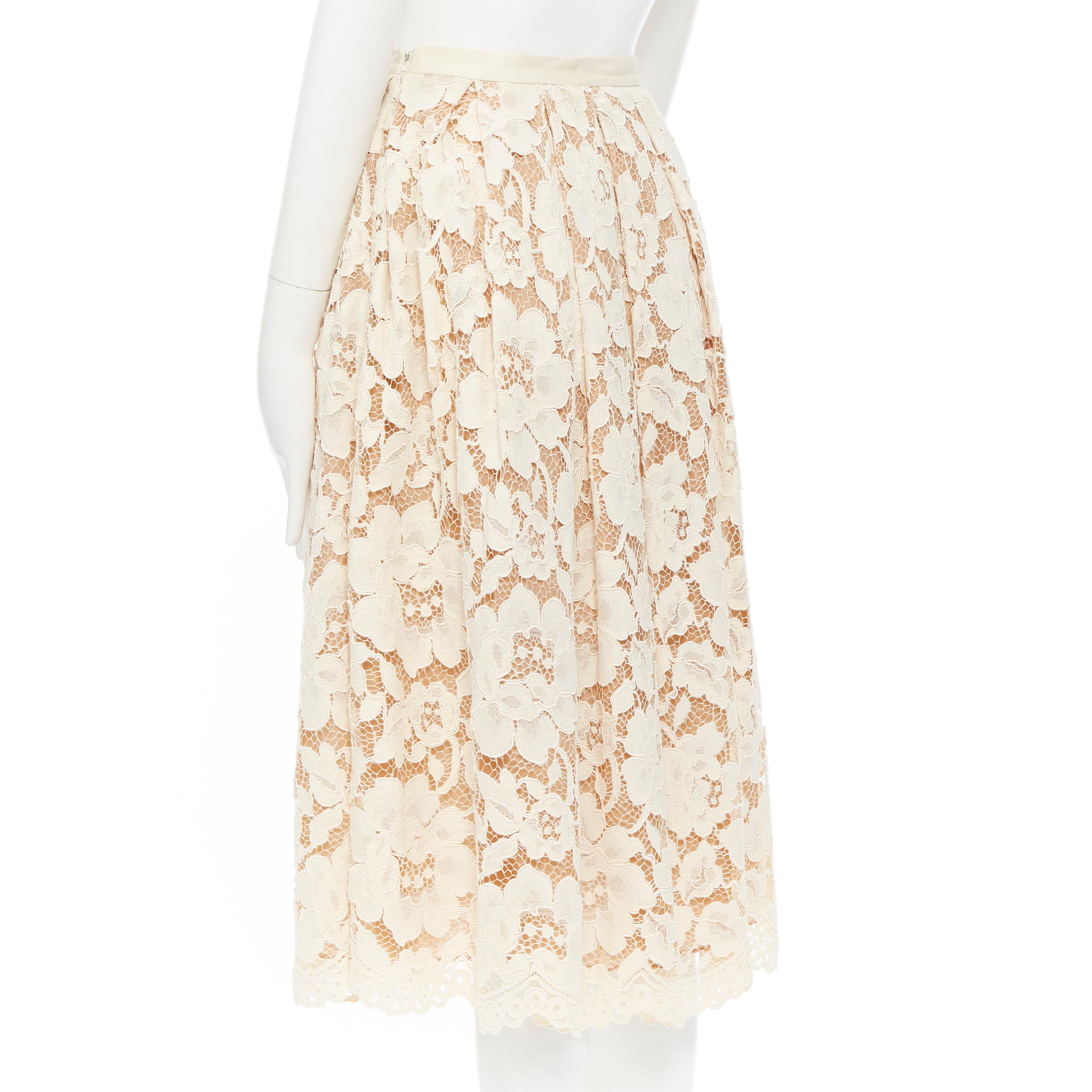 Women's MICHAEL KORS nude silk lined floral lace  pleated flared midi skirt US0 24