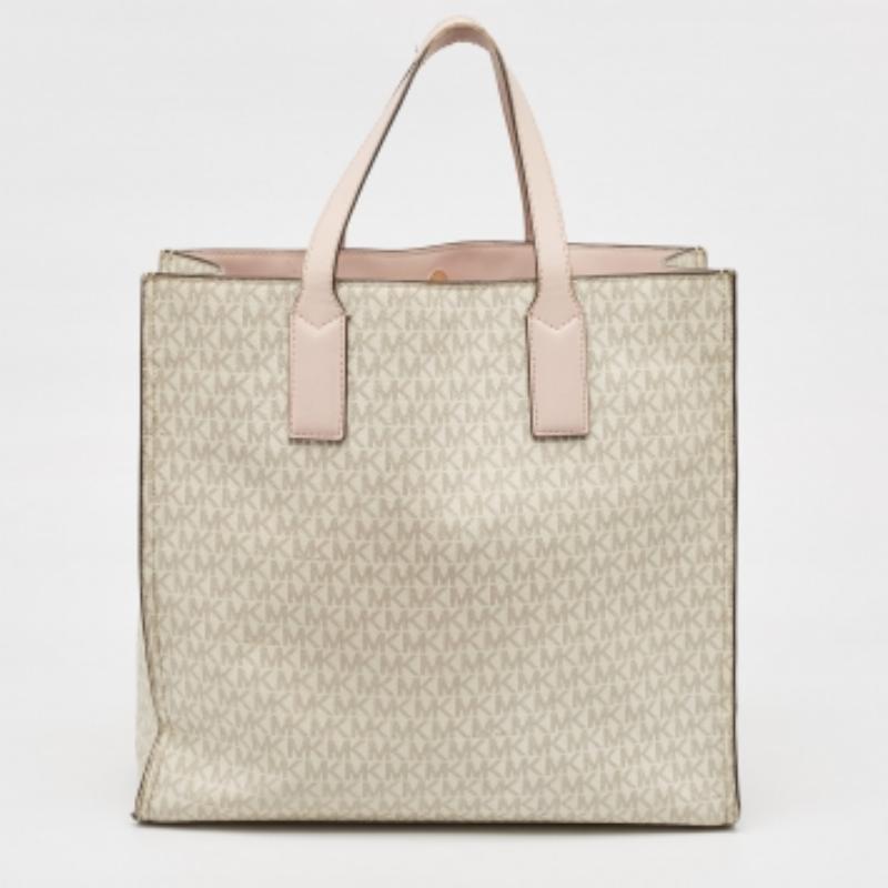 Michael Kors Off White/Pink Signature Coated Canvas Large Kenly Tote For Sale 5