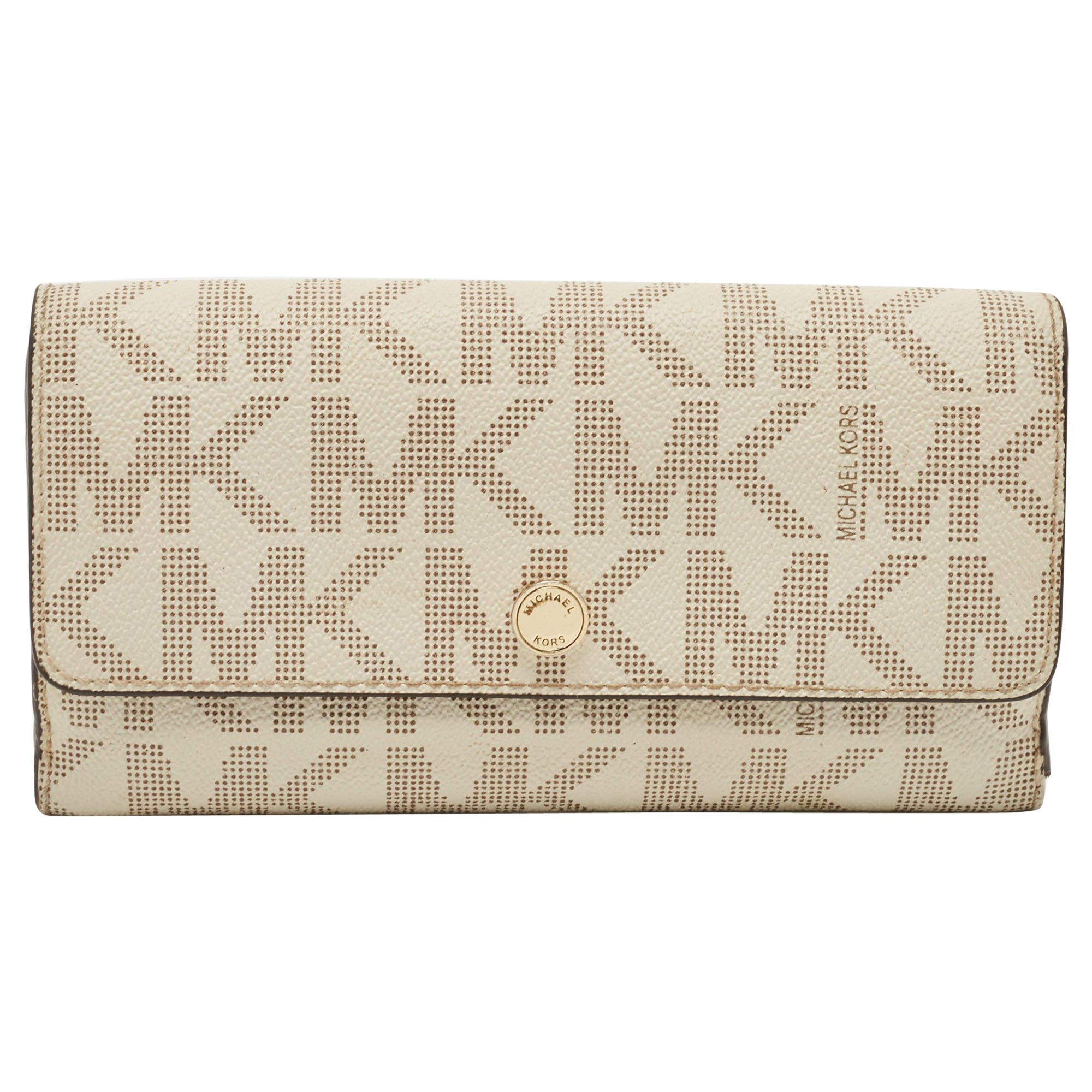 Michael Kors Off White Signature Coated Canvas Flap Continental Wallet