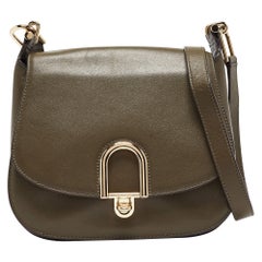 Used Michael Kors Olive Green Leather Delfina Saddle Bag