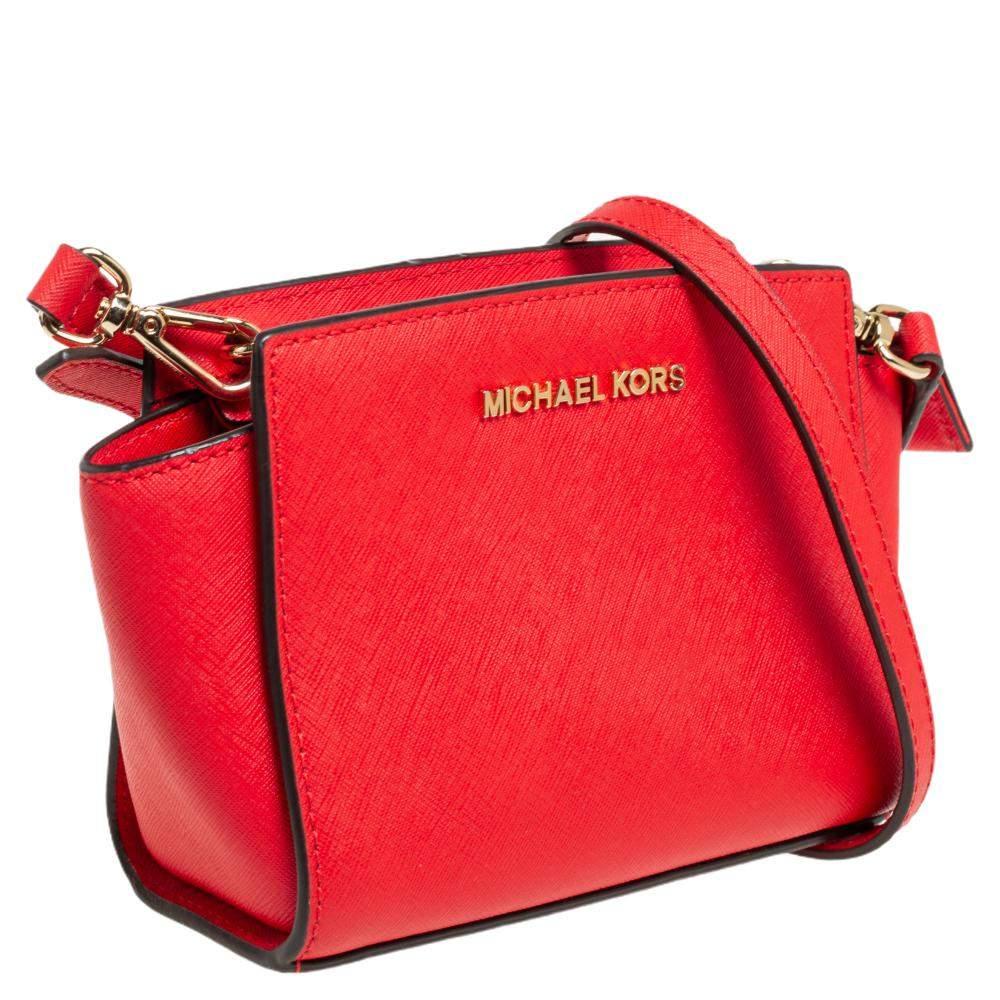 Red Michael Kors Orange Saffiano Leather Mini Selma Crossbody Bag