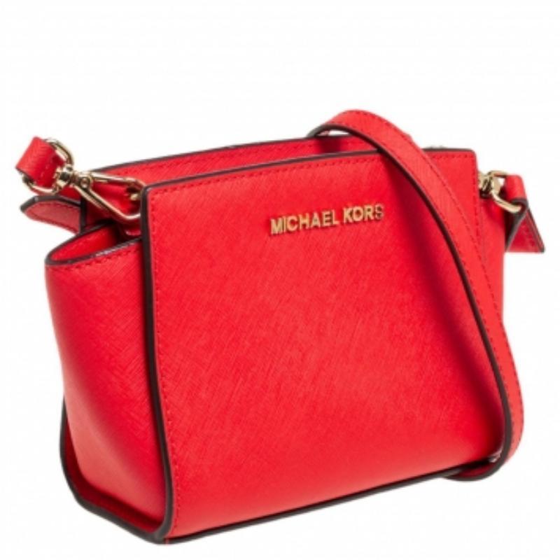 Michael Kors Orange Saffiano Leather Mini Selma Crossbody Bag For Sale 2