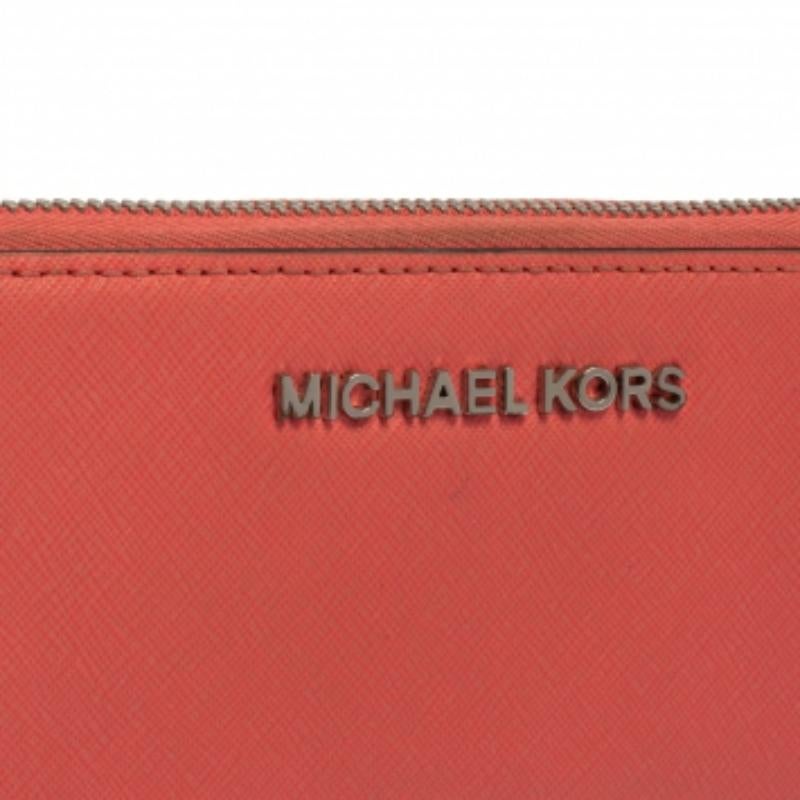 Orange Michael Kors Pink Leather Zip Around Wristlet Wallet For Sale