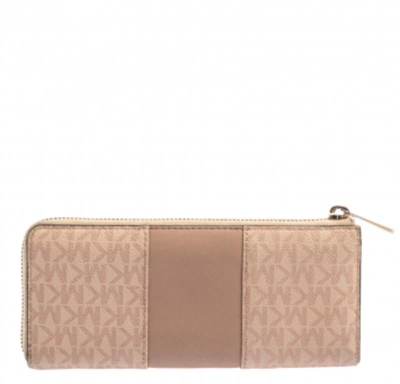 Brown Michael Kors Pink Signature Leather Zip Around Wallet For Sale