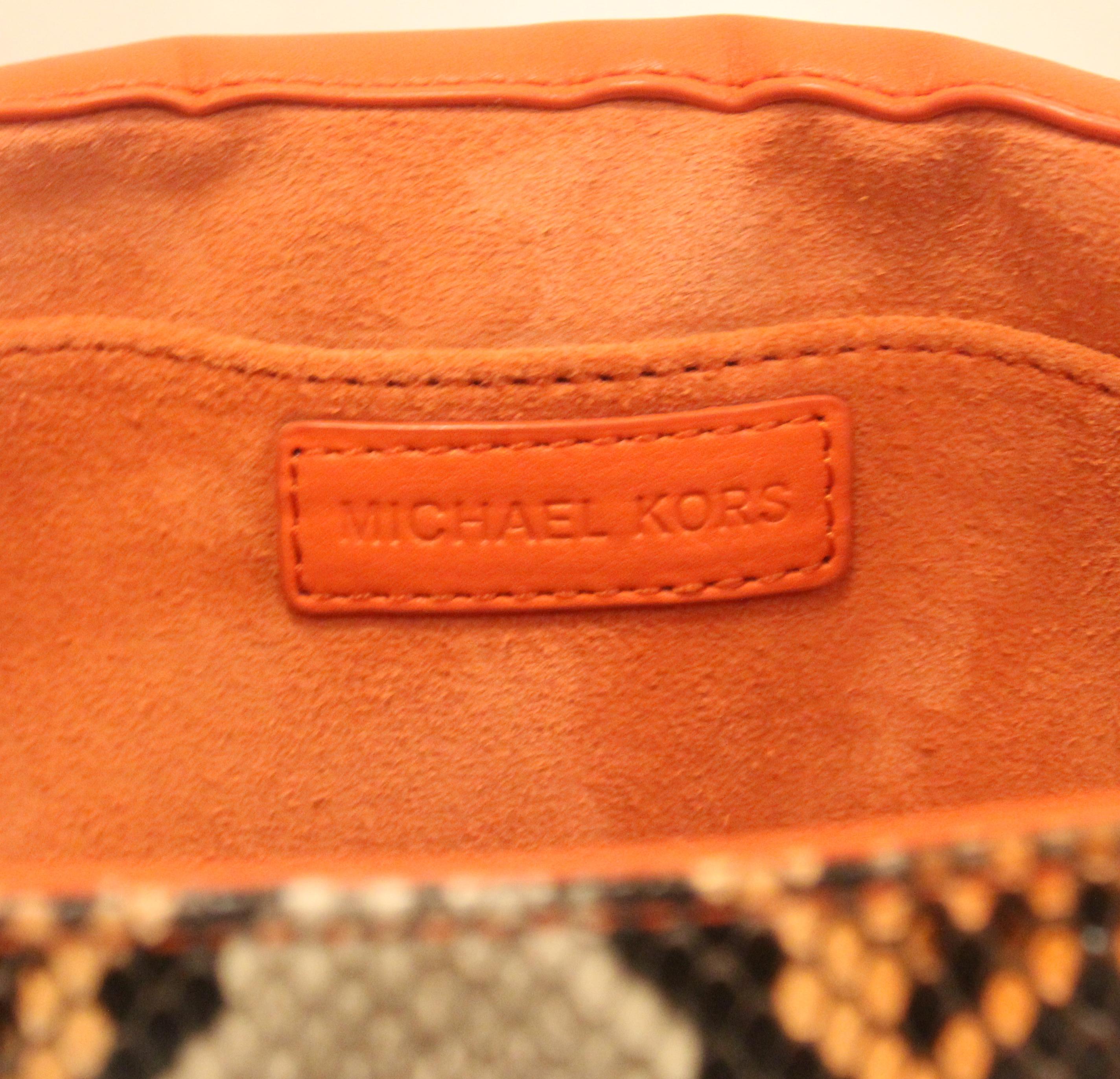 Michael Kors  Python Peach & Brown Chain Link Accent Clutch In Excellent Condition For Sale In Palm Beach, FL