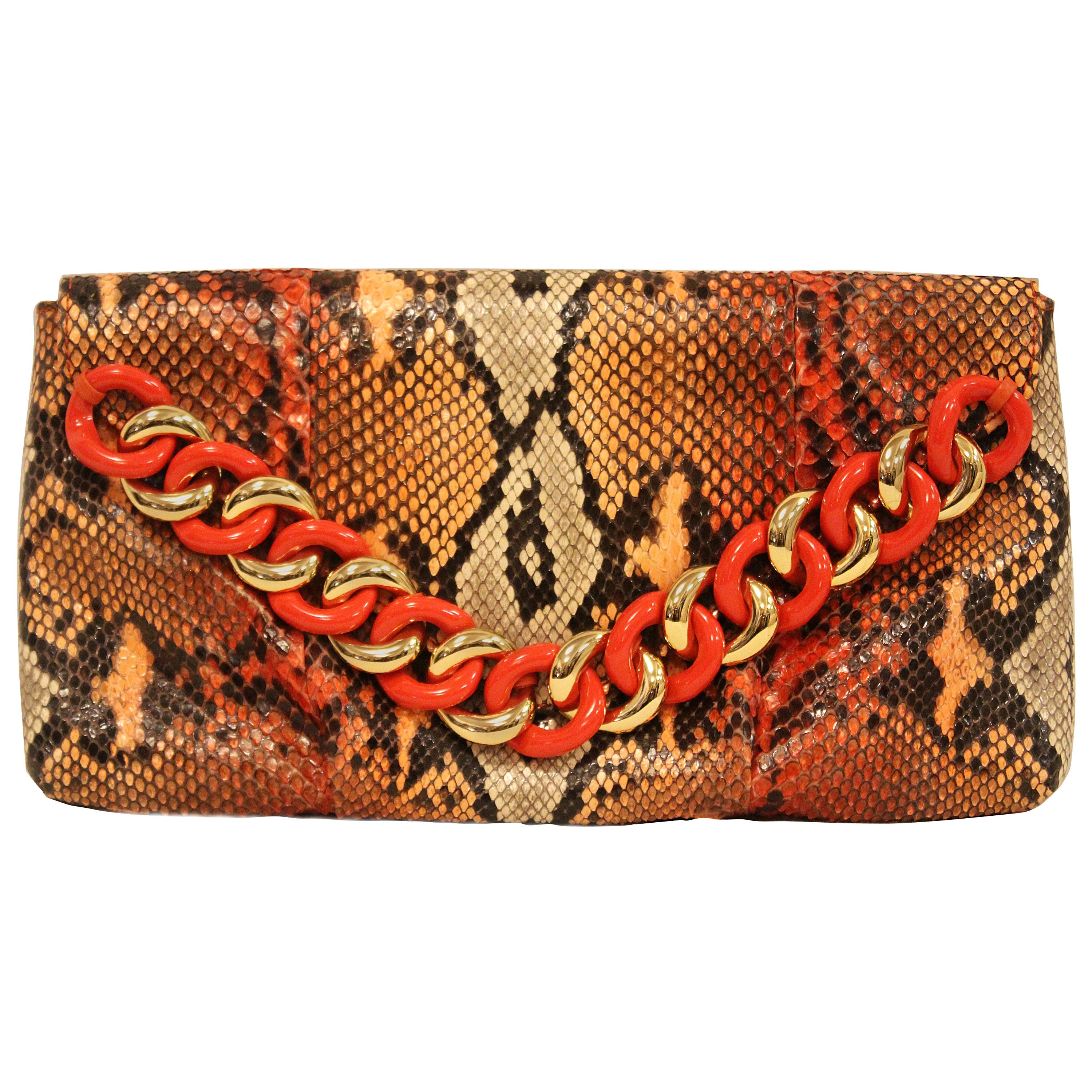 Michael Kors Python Peach and Brown Chain Link Accent Clutch For Sale at  1stDibs | michael kors python clutch
