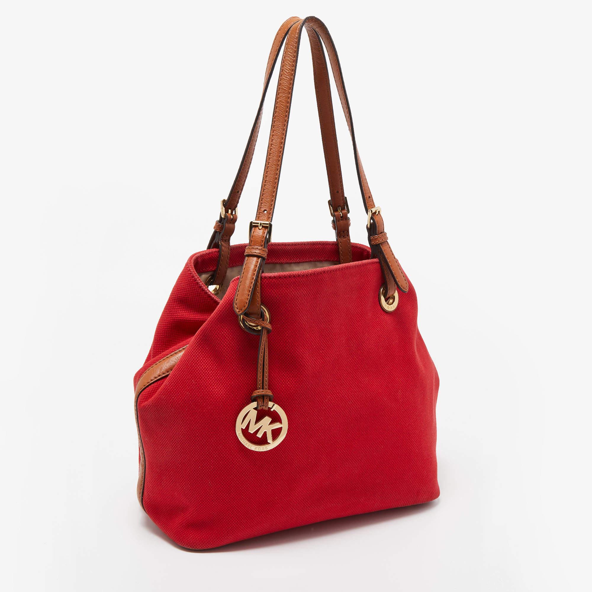 Women's Michael Kors Red/Brown Canvas and Leather Large Raven Shoulder Bag For Sale