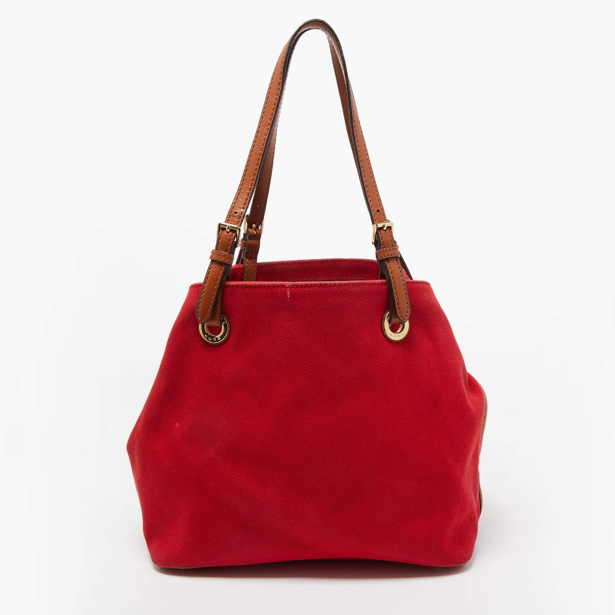 Michael Kors Red/Brown Canvas and Leather Large Raven Shoulder Bag For Sale 1
