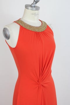 Michael Kors Red Coral Sequins Crew Neck Long Cocktail Evening Dress