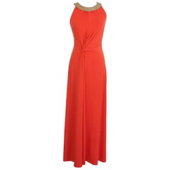 Michael Kors Red Coral Sequins Crew Neck Long Cocktail Evening Dress 