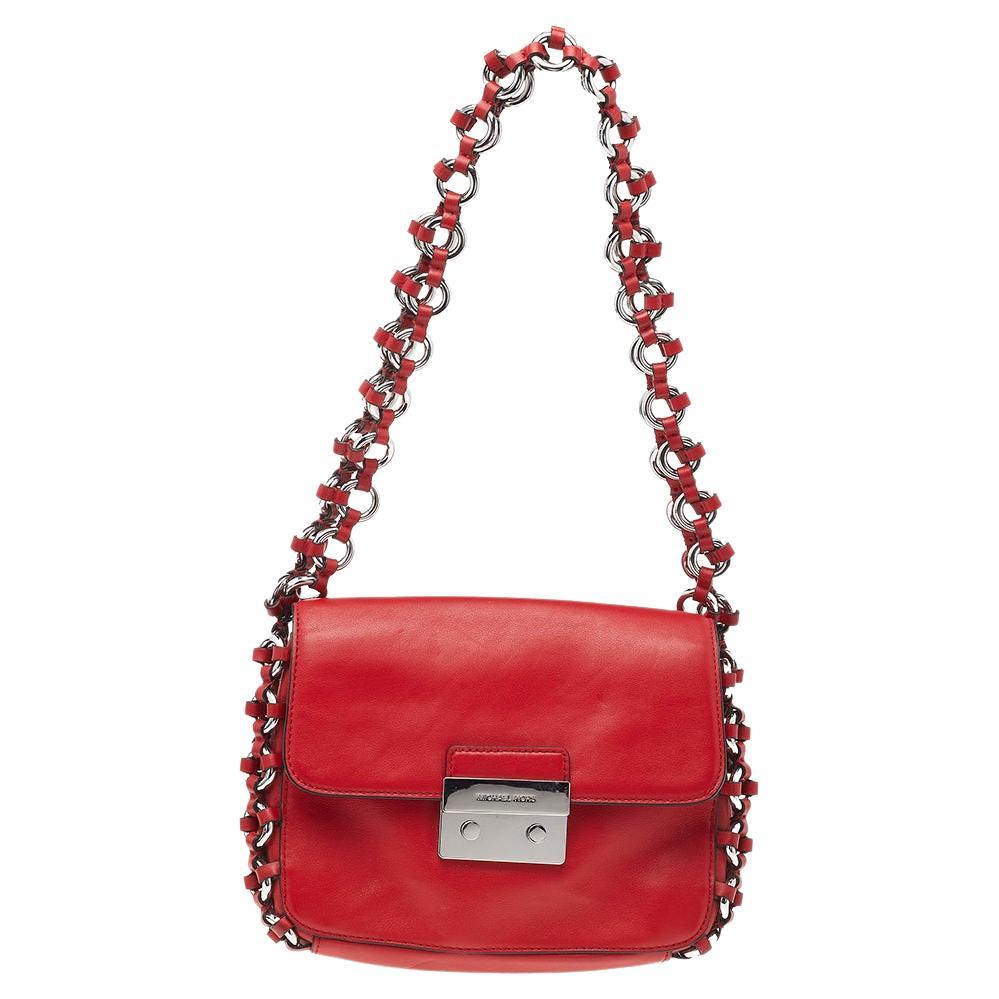 Michael Kors Red Leather Piper Flap Shoulder Bag