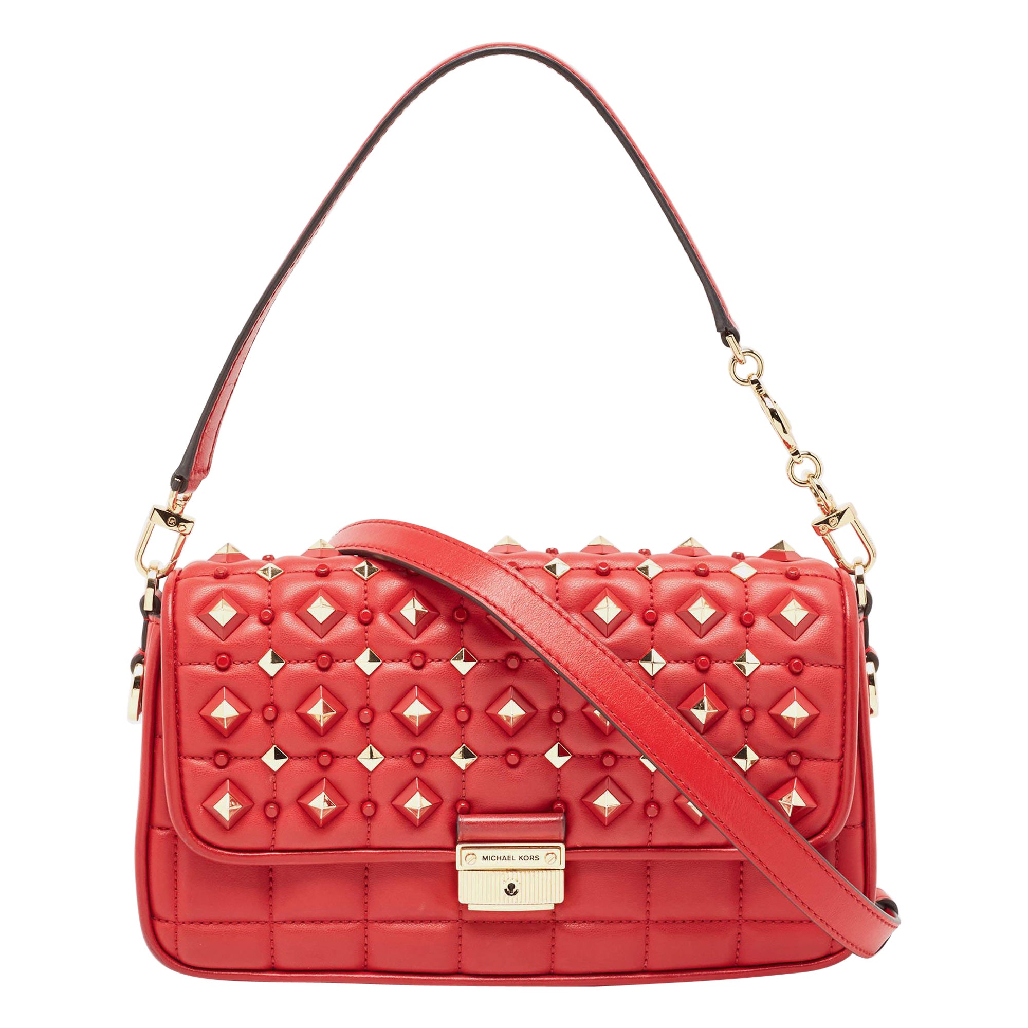 Michael Kors Red Quilted Leather Small Studded Bradshaw Convertible Shoulder Bag