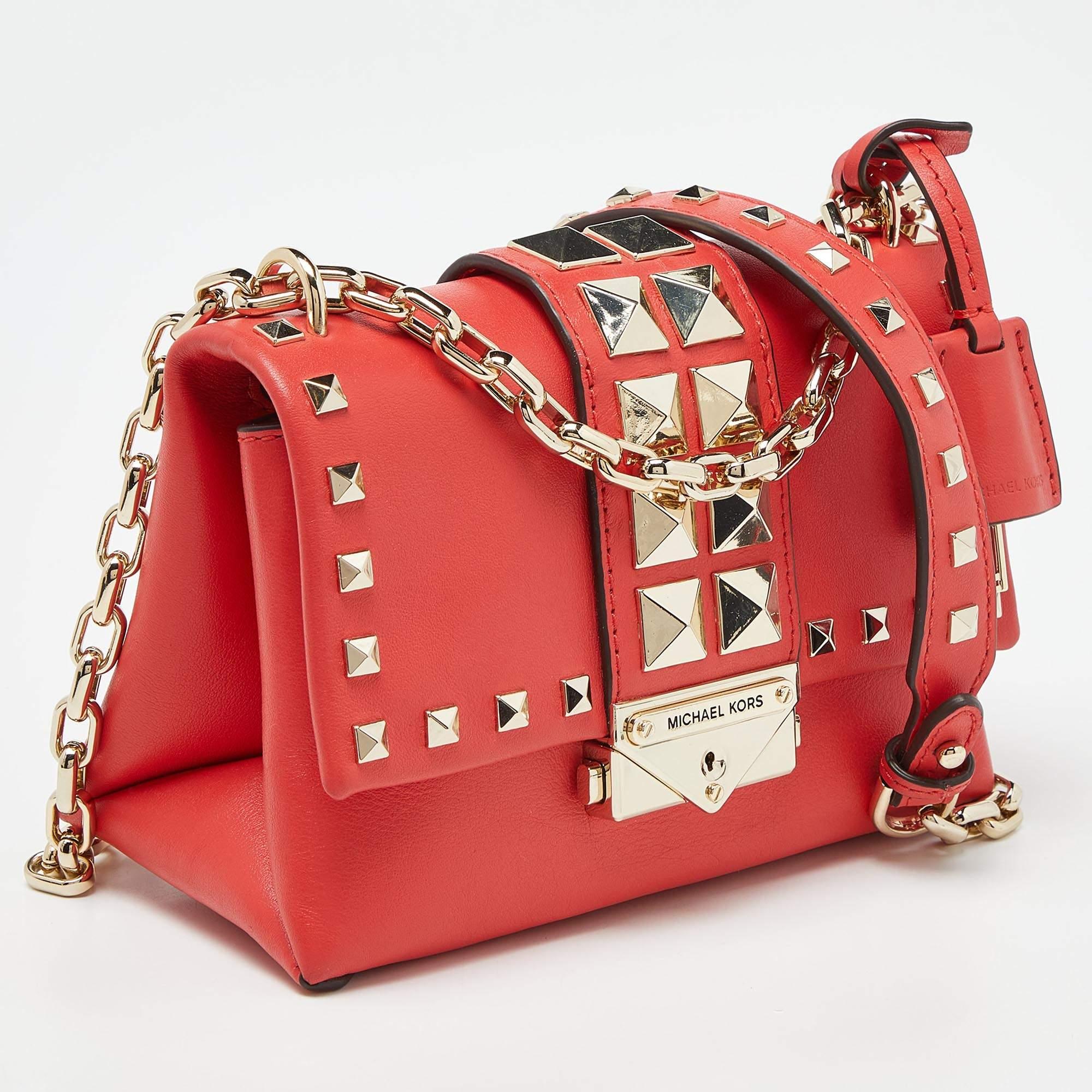 Orange Michael Kors Red Studded Leather Mini Cece Crossbody Bag
