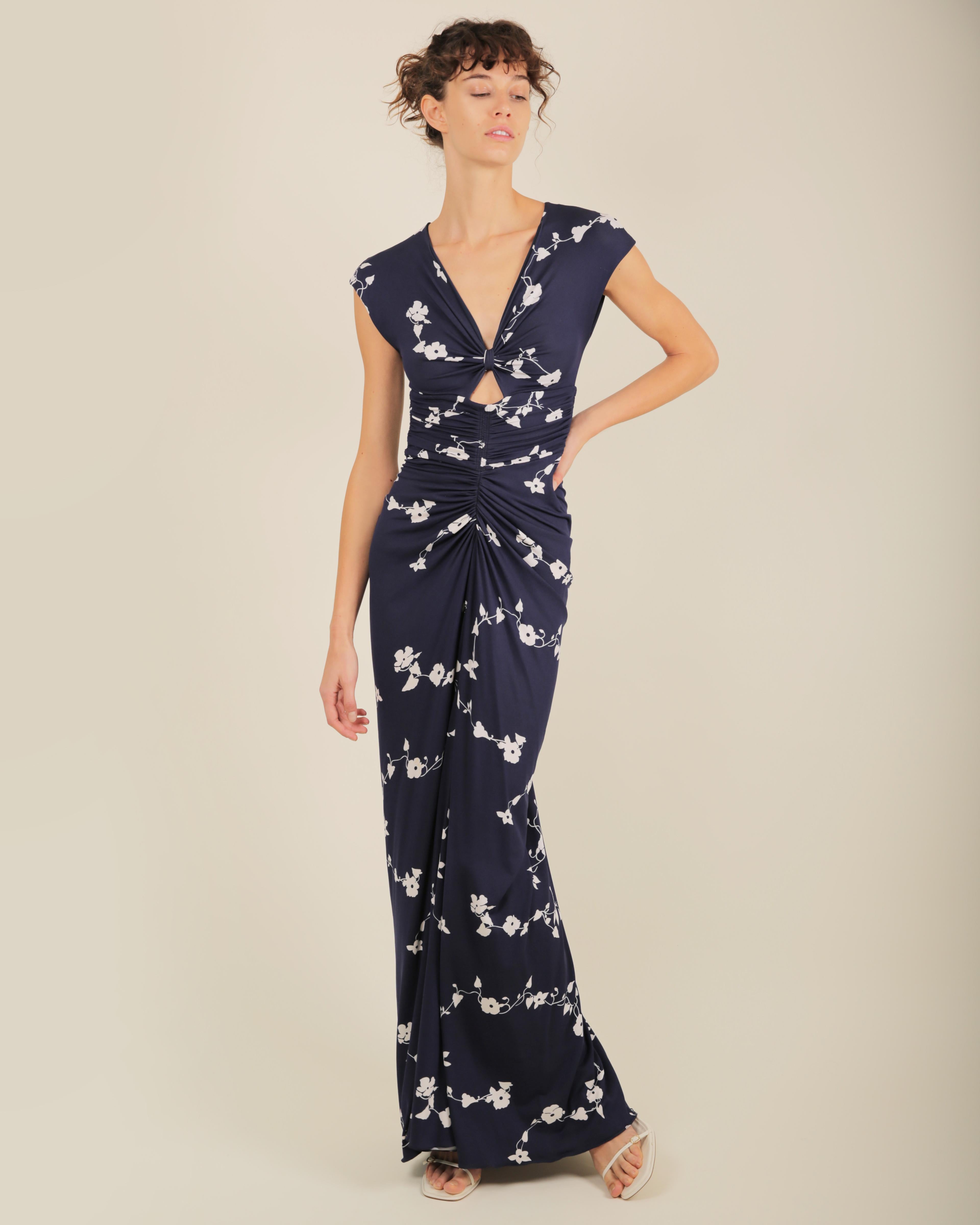 Michael Kors S/S 2014 blue white floral jersey draped sleeveless maxi dress XS-S In Good Condition In Paris, FR
