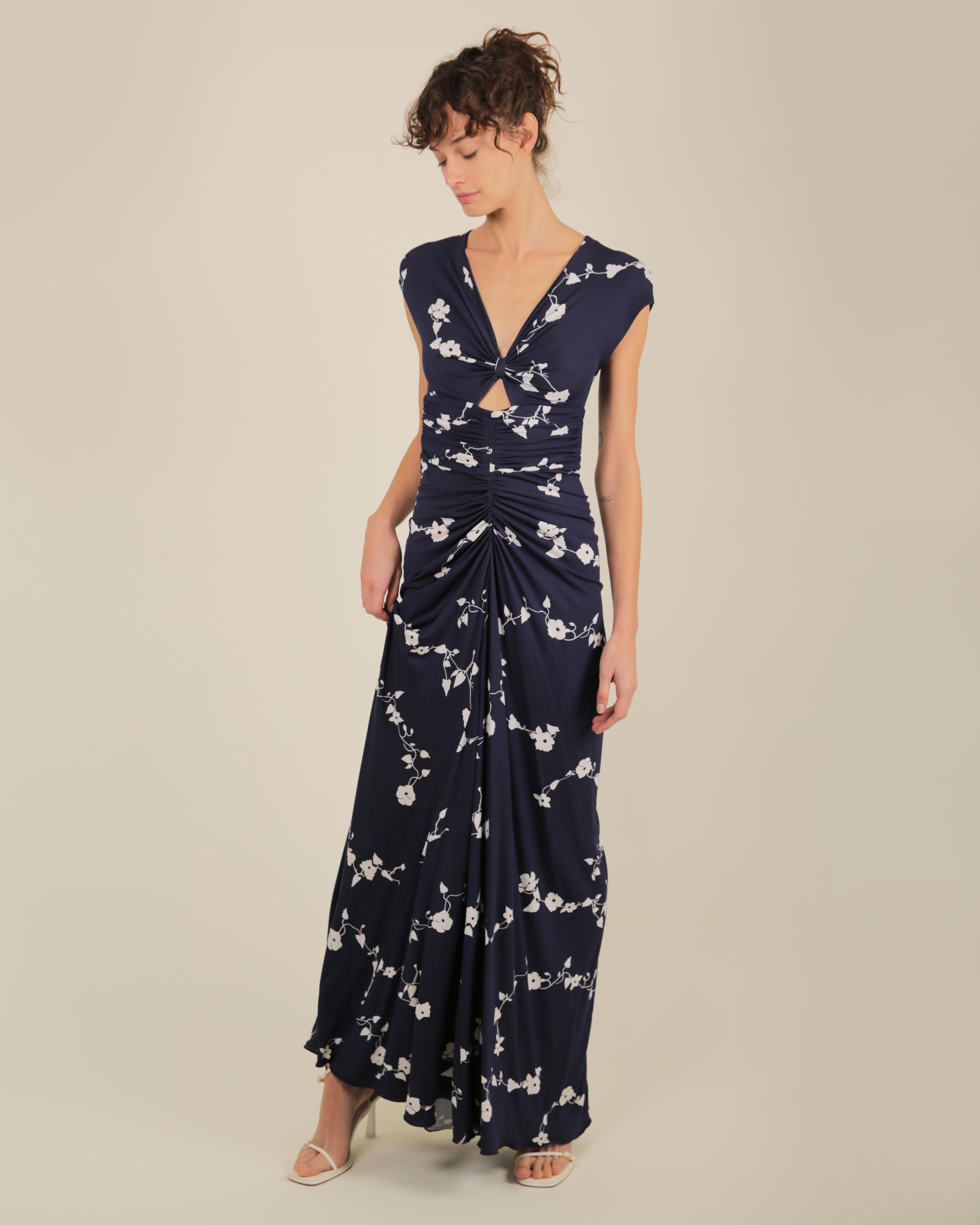 Women's Michael Kors S/S 2014 blue white floral jersey draped sleeveless maxi dress XS-S