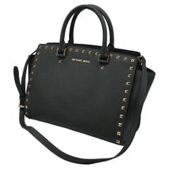 Michael Kors Selma Medium Studded Satchel Bag in Green Leather