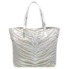 Used Michael Kors Silver/Beige Canvas And Patent Leather Tote