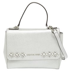 Michael Kors Silver Leather Small Ava Crystals Embellished Top Handle Bag