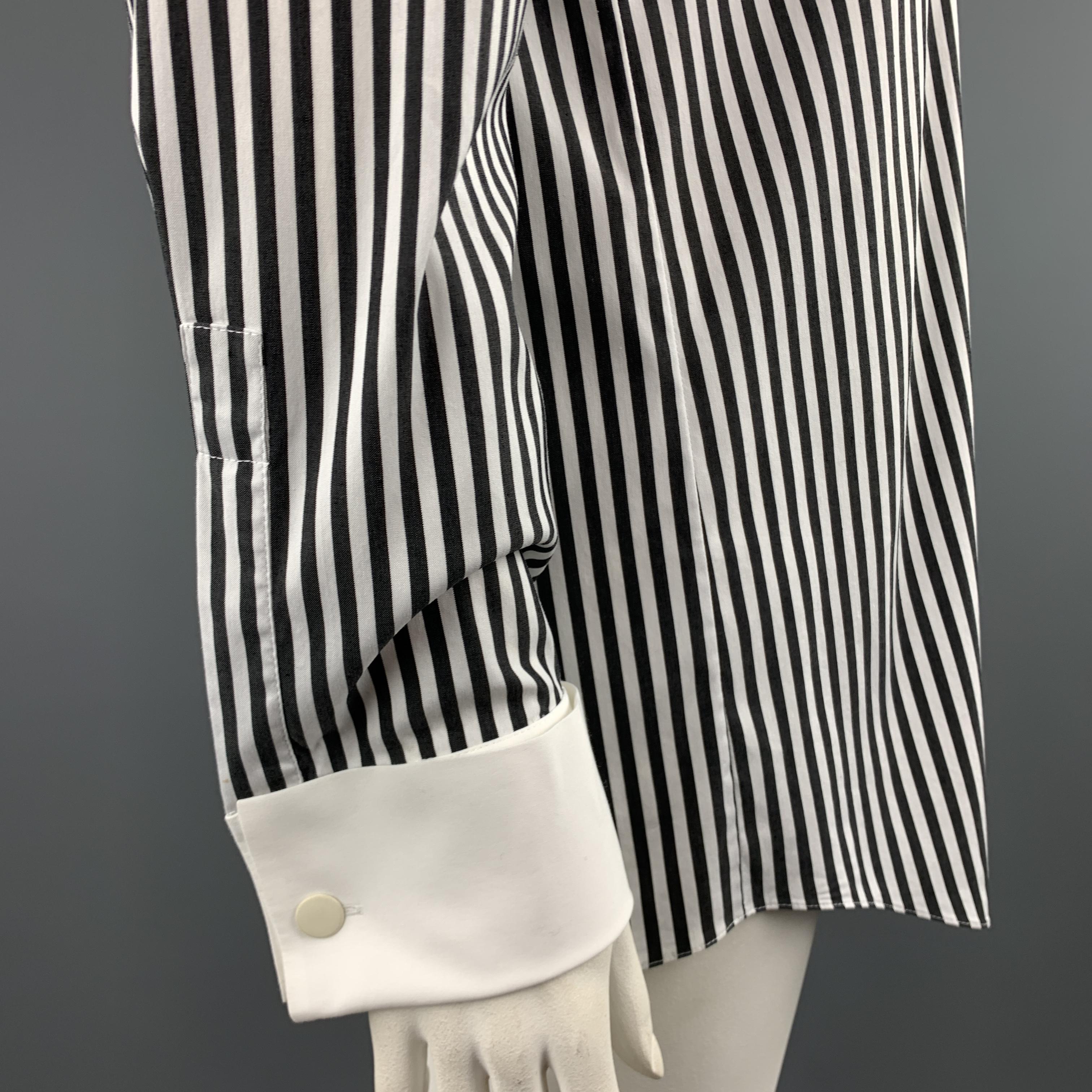 Gray MICHAEL KORS Size 12 Black & White Striped Cotton Blend French Cuff Blouse