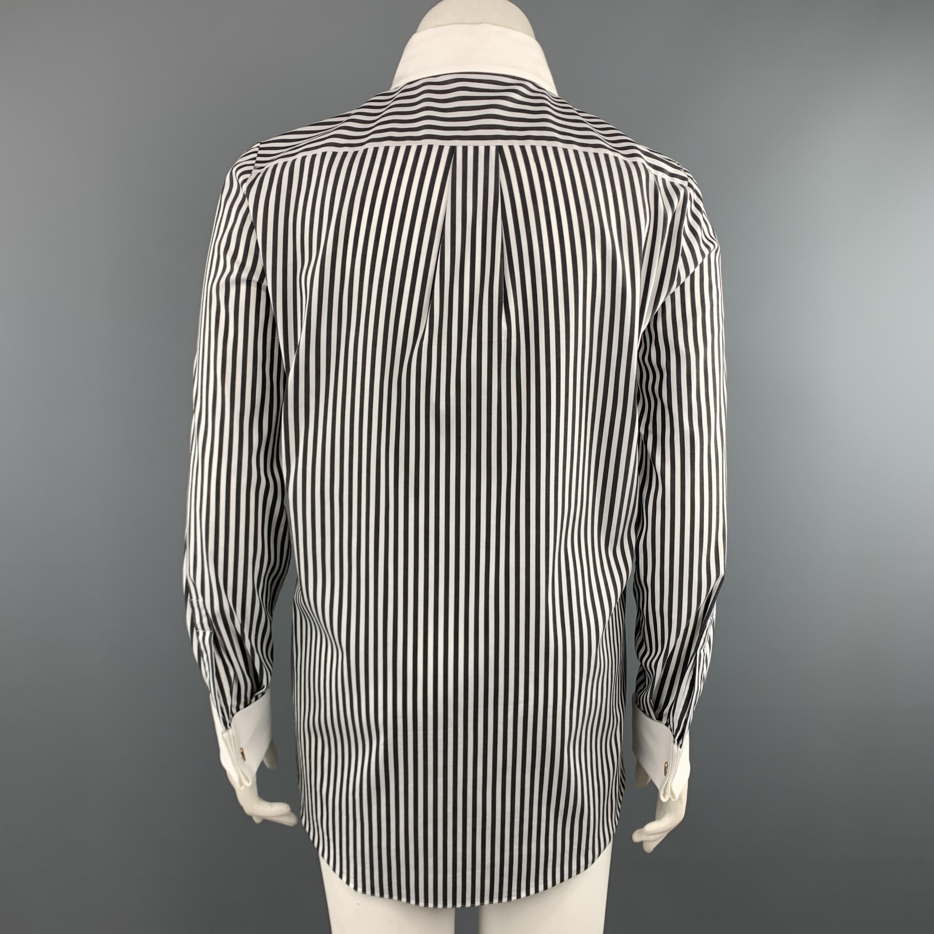 MICHAEL KORS Size 12 Black & White Striped Cotton Blend French Cuff Blouse In Excellent Condition In San Francisco, CA