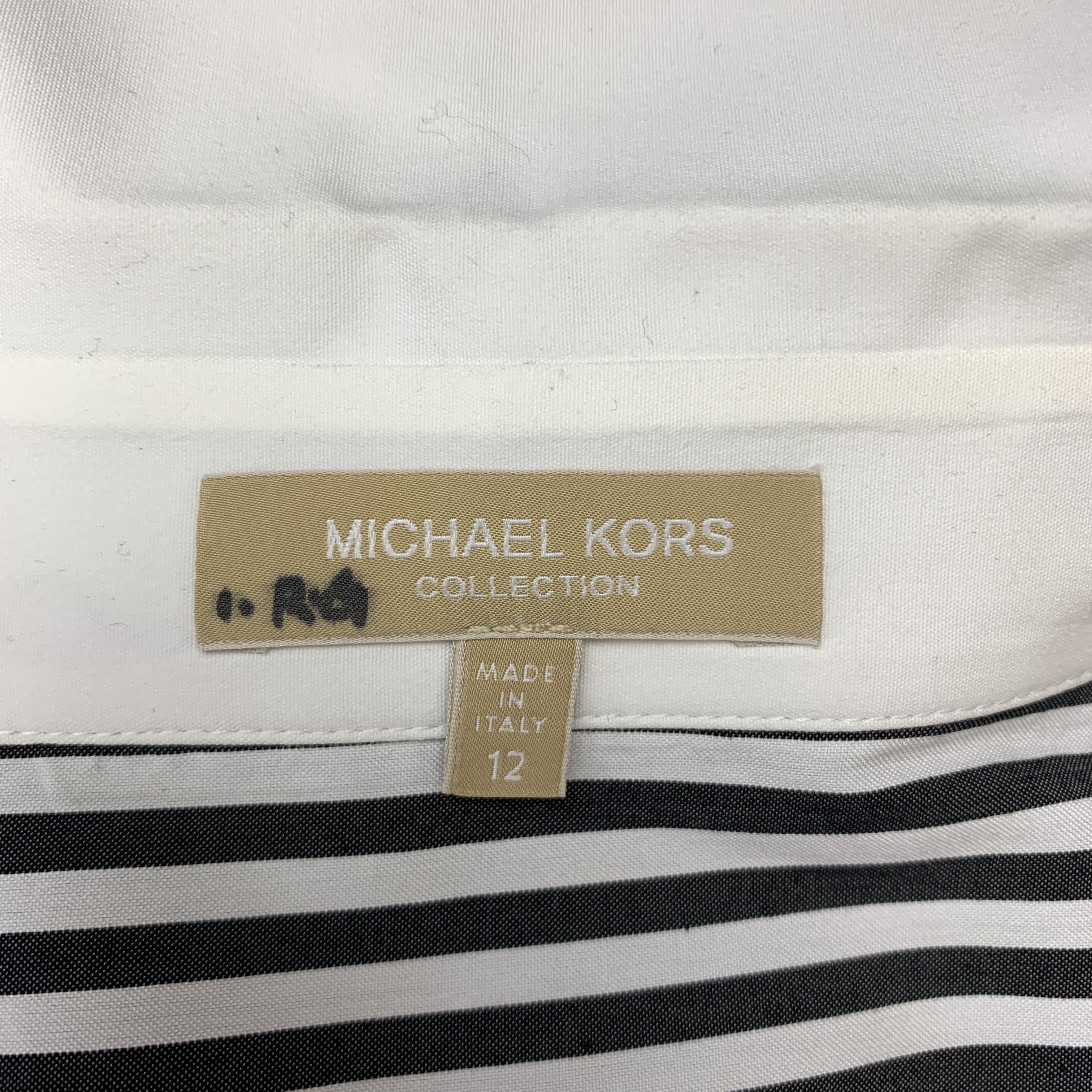 Women's MICHAEL KORS Size 12 Black & White Striped Cotton Blend French Cuff Blouse