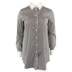 MICHAEL KORS Size 12 Black & White Striped Cotton Blend French Cuff Blouse