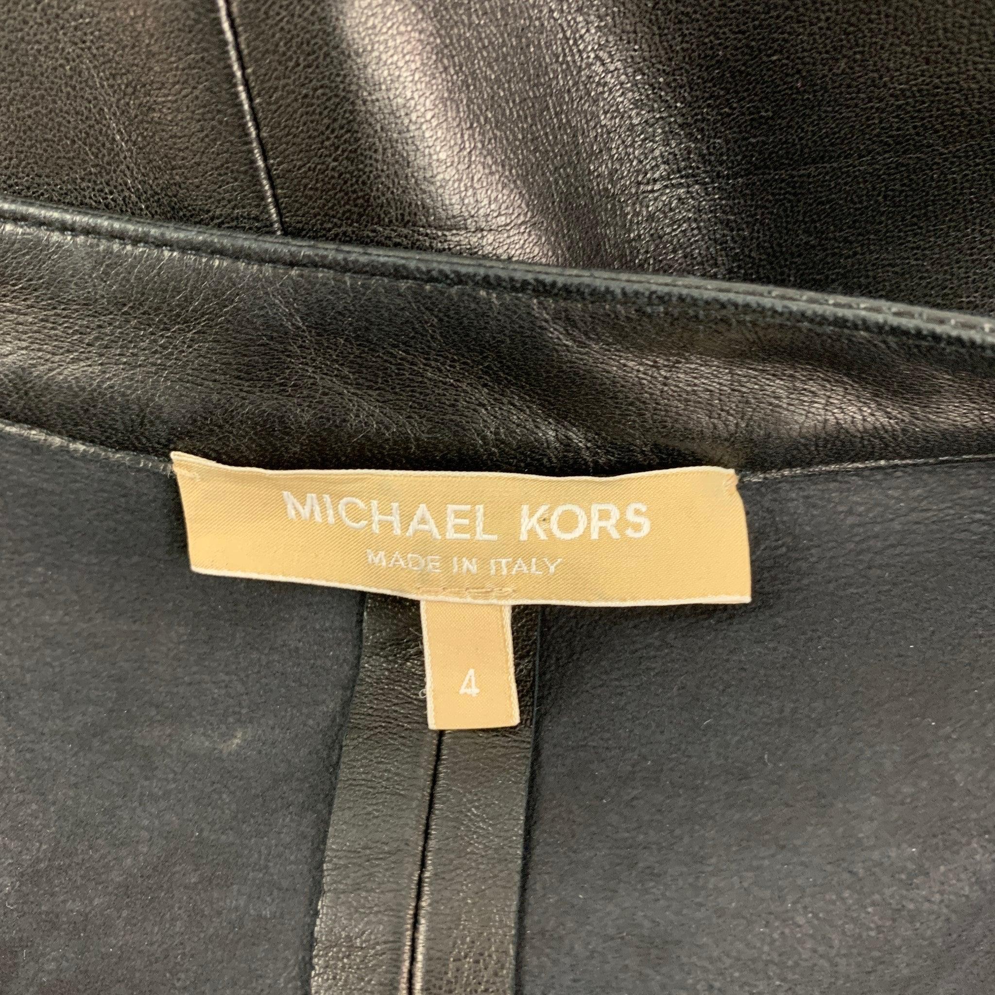 MICHAEL KORS Size 4 Black Leather Short Sleeve Below Knee Dress For Sale 1